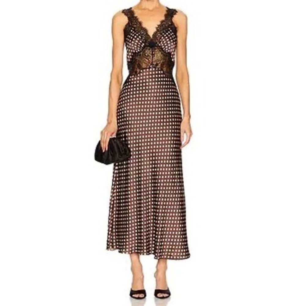 Ronny Kobo Brown Polka Dot Silk Lace Maxi Dress Medium e5